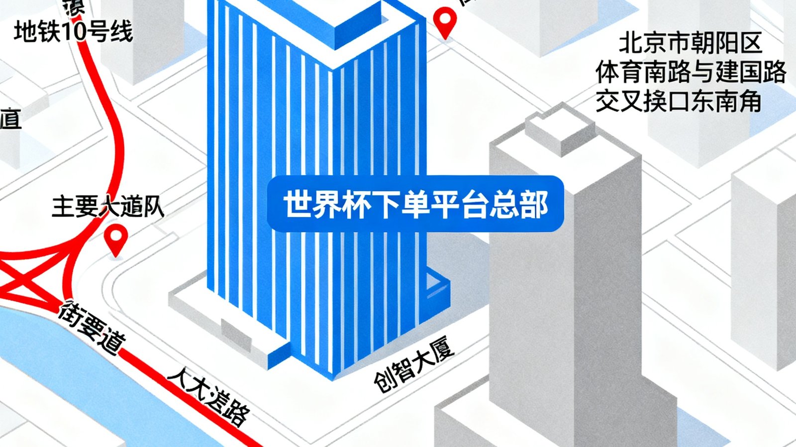 地图显示世界杯下单平台总部位于北京市朝阳区体育南路888号创智大厦，周边标注了地铁10号线和主要道路，大厦位于体育南路与建国路交叉口东南角