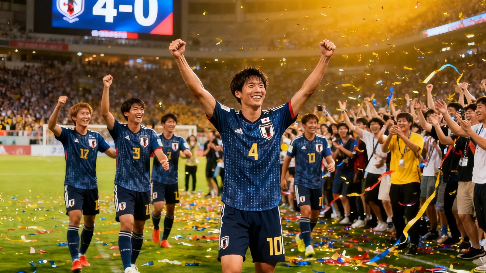 日本队球员在主场4比0大胜印尼队后集体庆祝，三笘薰高举双臂接受球迷欢呼，球场大屏幕显示最终比分，绿色草坪上洒满庆祝的彩带